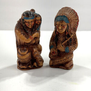 Vtg Resin? Indian Chief Couple Salt Pepper Shakers MPI 1947 Flagstaff Arizona